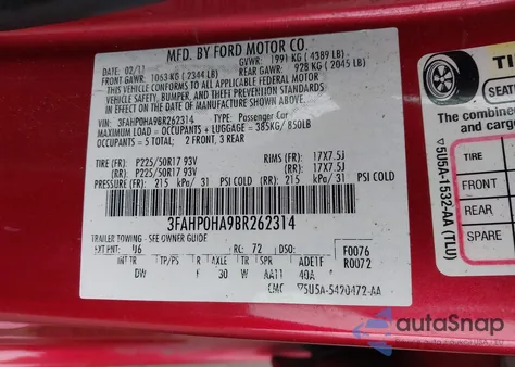 2011 Ford Fusion Se from USA, damaged, VIN 3FAHP0HA9BR262314